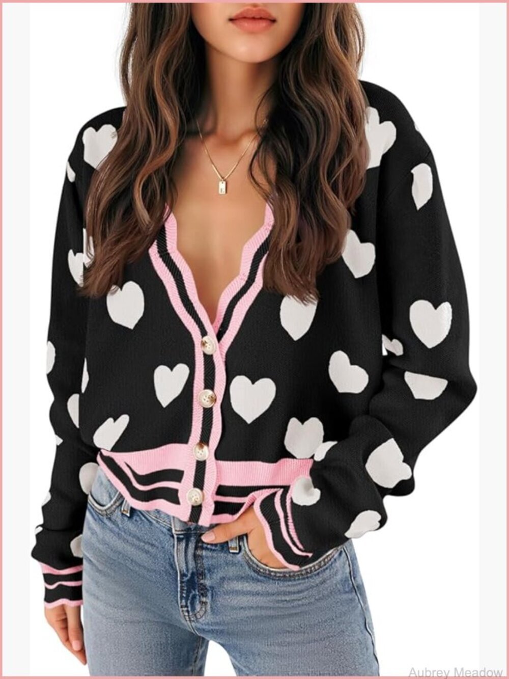 Women's Cute Heart Cardigan Sweater Button V Neck Long Sleeve Color Block Knit
